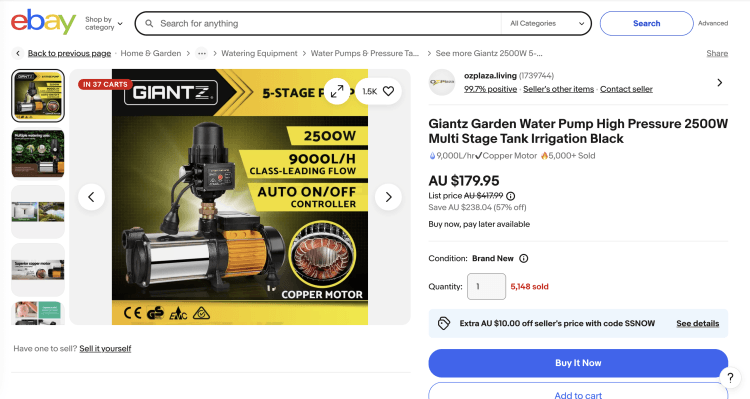 eBay: Giantz Garden Water Pump High Pressure 2500W – 57% Off, now $179.95